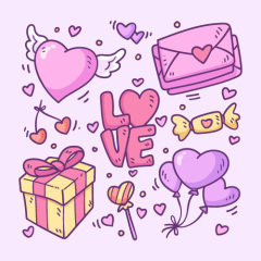 Romantic Valentine's Day Icons on Lavender Background