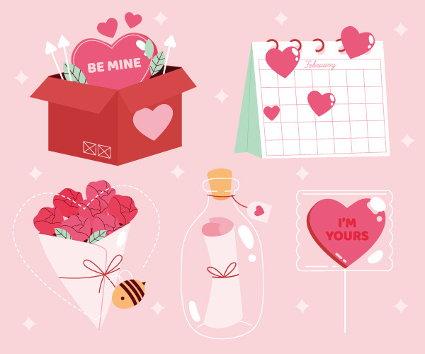 Romantic Valentine's Day Icons: Heart Lollipop, Calendar, Wish Bottle & More