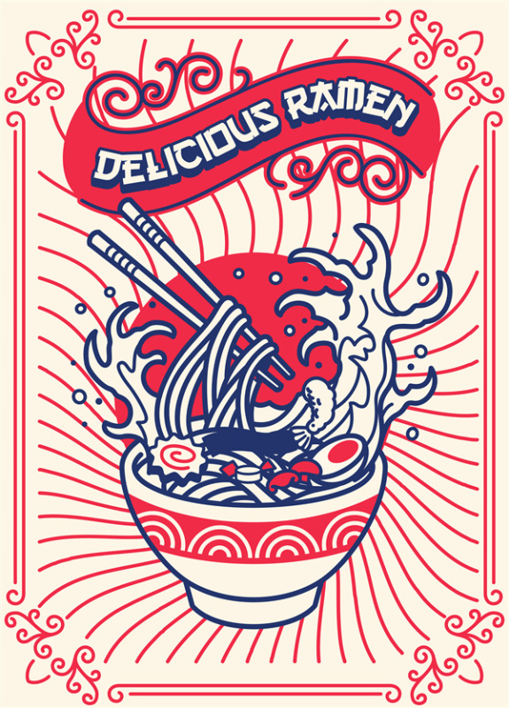 Japanese Retro Banner – Restaurant Wall Decor with Ramen Bowl & Rising Steam Motif