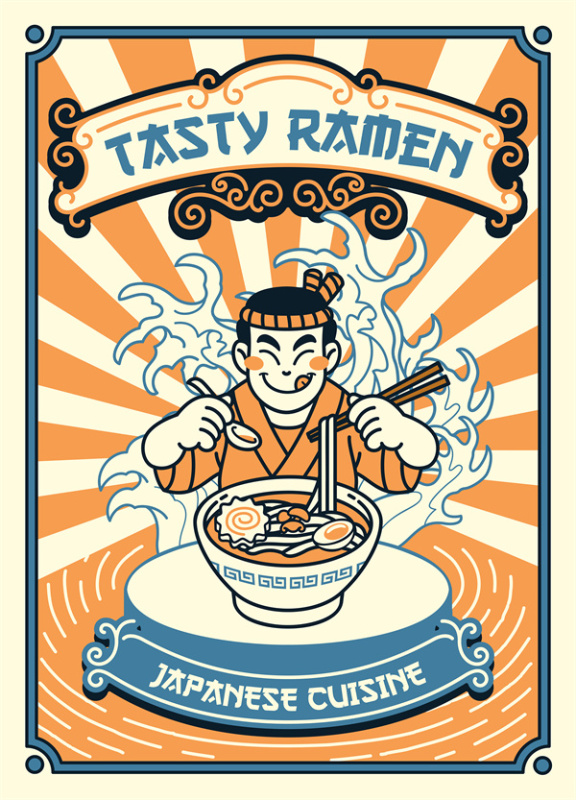 Japanese Traditional Style Background – A Man Enjoy Ramen Element Decorative Poster Wallpaper
