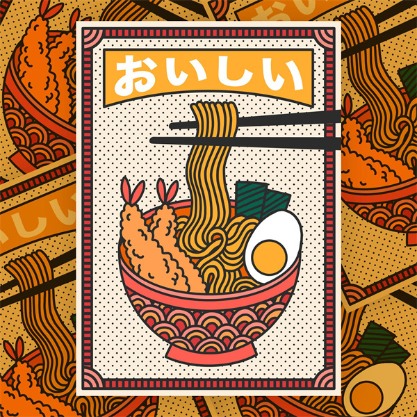 Japanese Vintage Poster – Restaurant Backdrop Art Featuring Ramen Bowl & Rising Sun Motif