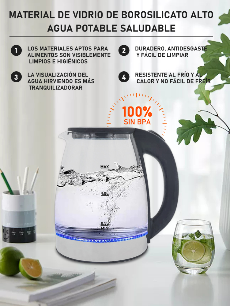 Hervidor eléctrico de vidrio,Tetera Eléctrica Transparente Hervidor Eléctrico Té 2.0L/1000W Material de vidrio ecológico,360° Base Removible para Hogar, Cocina, Oficina, Sala de Reuniones