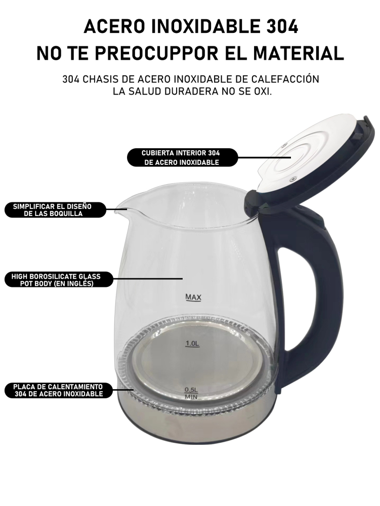 Hervidor eléctrico de vidrio,Tetera Eléctrica Transparente Hervidor Eléctrico Té 2.0L/1000W Material de vidrio ecológico,360° Base Removible para Hogar, Cocina, Oficina, Sala de Reuniones