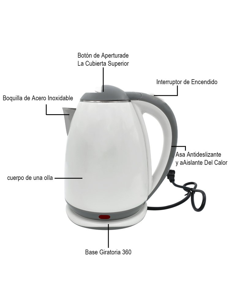 Hervidor de Agua Eléctrico, Hervidor de Agua Eléctrico Doble Pared de Acero Inoxidable Capacidad de 2L de 1000W,Material PP y Acero Inoxidable Corte Automático