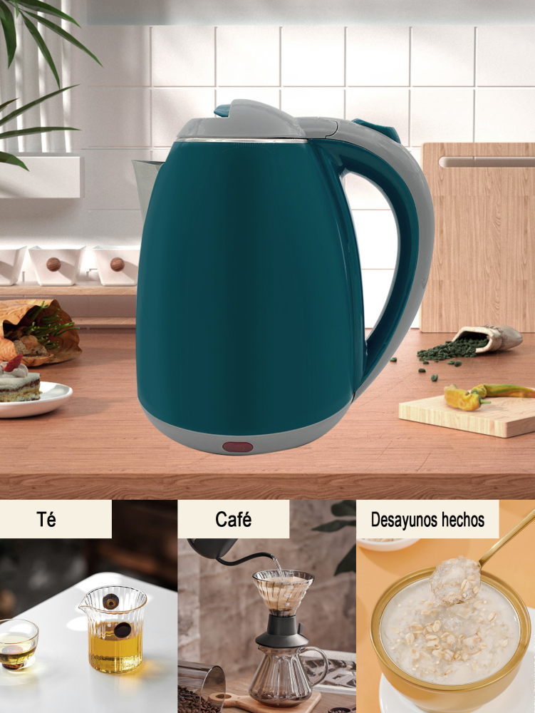 Hervidor de Agua Eléctrico, Hervidor de Agua Eléctrico Doble Pared de Acero Inoxidable Capacidad de 2L de 1000W,Material PP y Acero Inoxidable Corte Automático