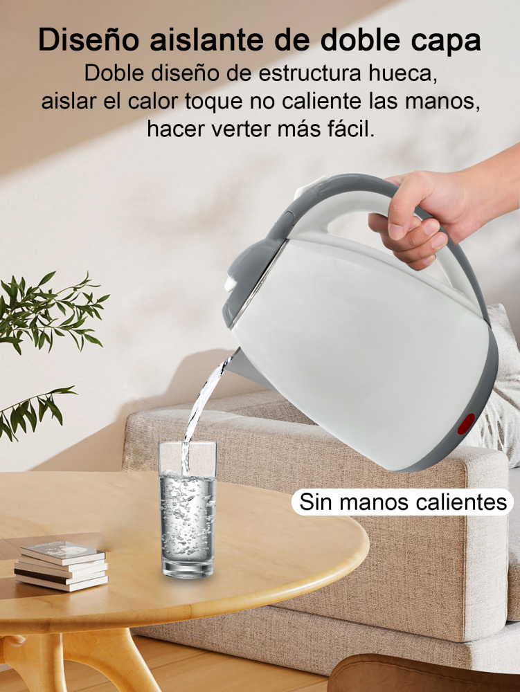 Hervidor de Agua Eléctrico, Hervidor de Agua Eléctrico Doble Pared de Acero Inoxidable Capacidad de 2L de 1000W,Material PP y Acero Inoxidable Corte Automático