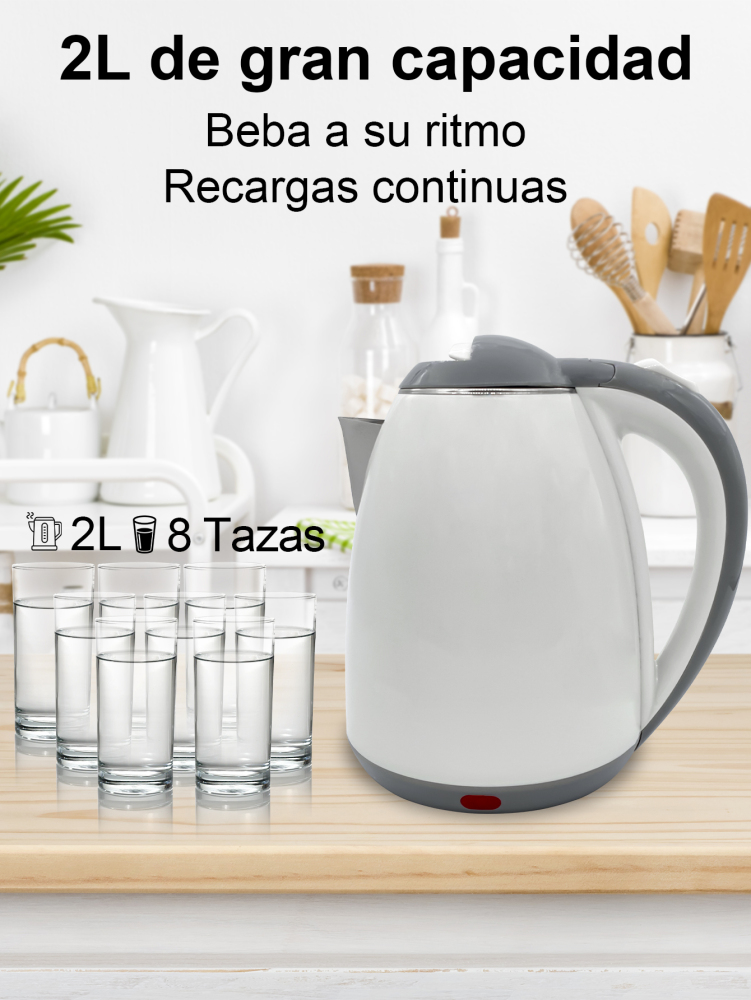 Hervidor de Agua Eléctrico, Hervidor de Agua Eléctrico Doble Pared de Acero Inoxidable Capacidad de 2L de 1000W,Material PP y Acero Inoxidable Corte Automático