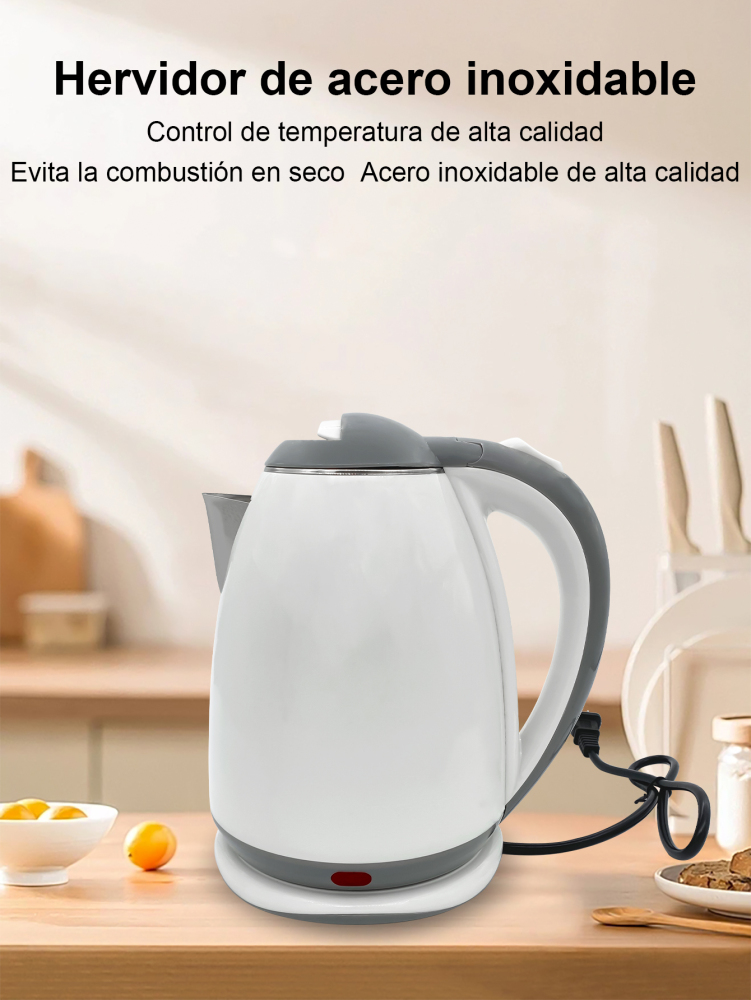 Hervidor de Agua Eléctrico, Hervidor de Agua Eléctrico Doble Pared de Acero Inoxidable Capacidad de 2L de 1000W,Material PP y Acero Inoxidable Corte Automático