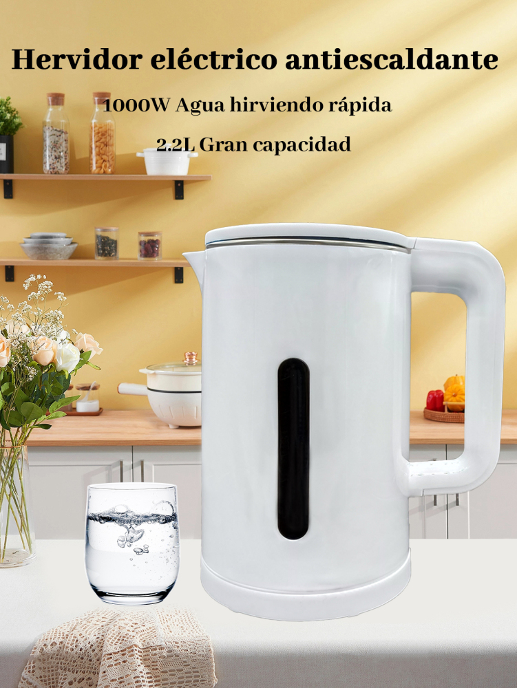 Hervidor eléctrico portátil de gran capacidad de 2,2 L/1000W, hervidor eléctrico anti-escaldaduras, acero inoxidable 304 con función de protección de apagado automático y luz LED