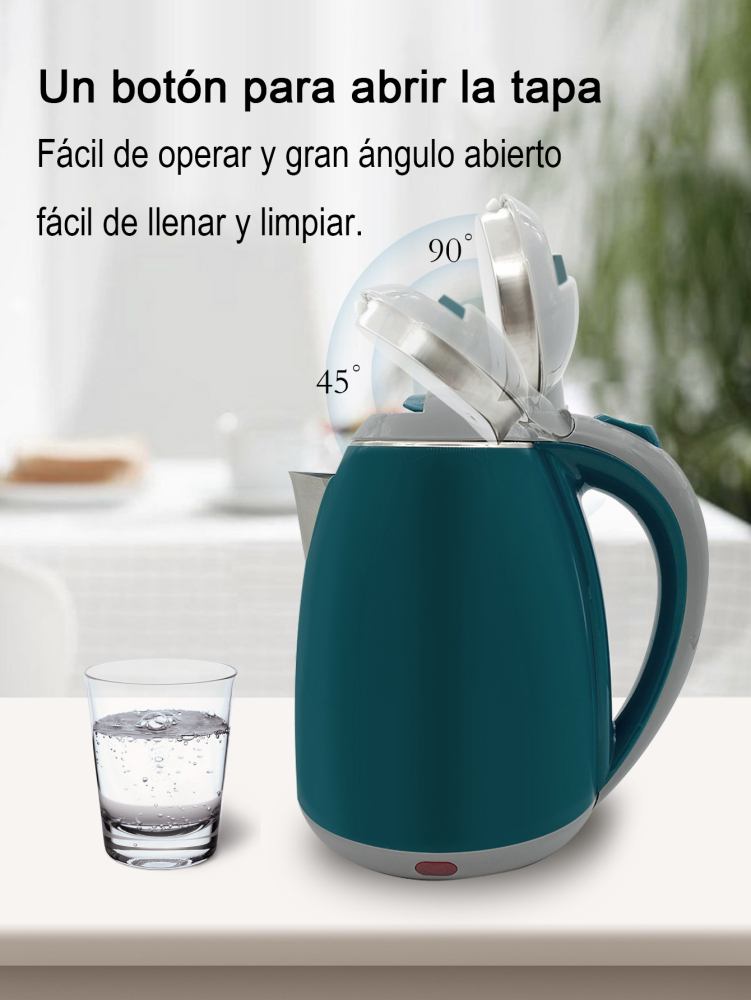 Hervidor de Agua Eléctrico, Hervidor de Agua Eléctrico Doble Pared de Acero Inoxidable Capacidad de 2L de 1000W,Material PP y Acero Inoxidable Corte Automático