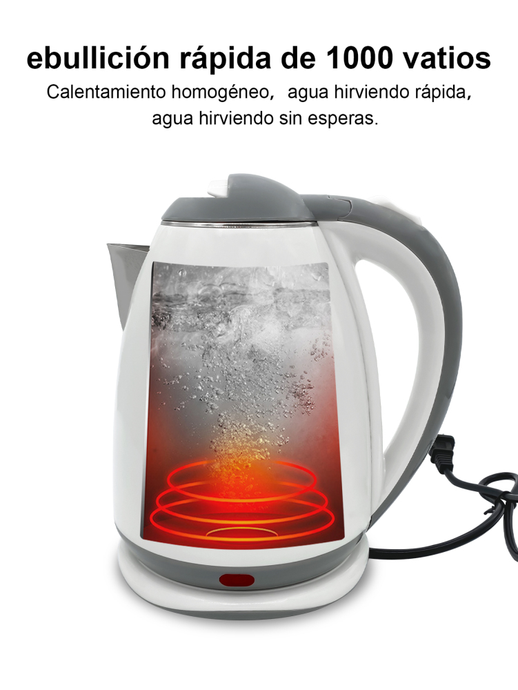 Hervidor de Agua Eléctrico, Hervidor de Agua Eléctrico Doble Pared de Acero Inoxidable Capacidad de 2L de 1000W,Material PP y Acero Inoxidable Corte Automático
