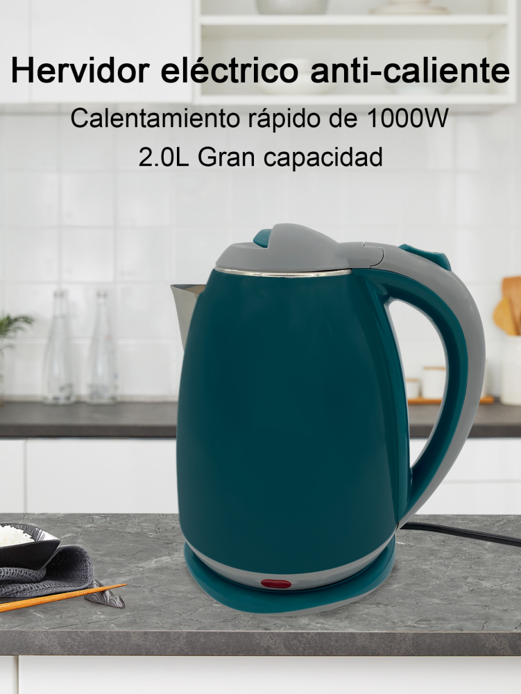 Hervidor de Agua Eléctrico, Hervidor de Agua Eléctrico Doble Pared de Acero Inoxidable Capacidad de 2L de 1000W,Material PP y Acero Inoxidable Corte Automático