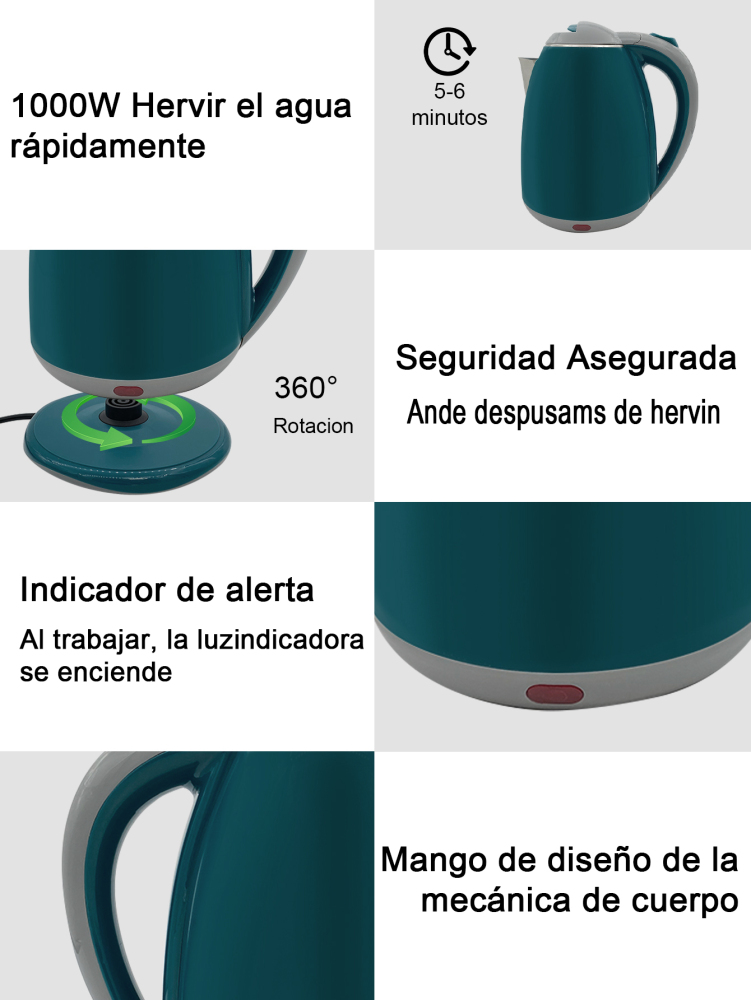 Hervidor de Agua Eléctrico, Hervidor de Agua Eléctrico Doble Pared de Acero Inoxidable Capacidad de 2L de 1000W,Material PP y Acero Inoxidable Corte Automático