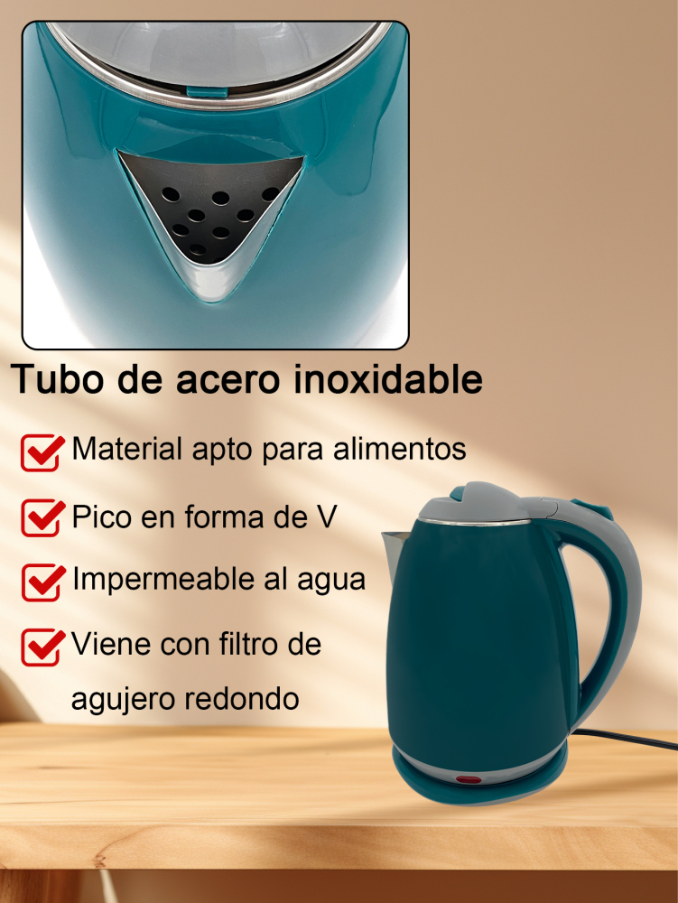 Hervidor de Agua Eléctrico, Hervidor de Agua Eléctrico Doble Pared de Acero Inoxidable Capacidad de 2L de 1000W,Material PP y Acero Inoxidable Corte Automático