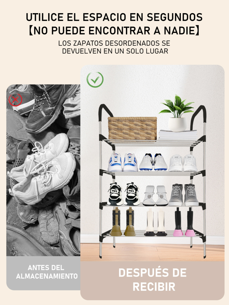Zapatero de tubo de aluminio de 4 pisos, organizador de zapatos,estante de almacenamiento multifuncional de acero inoxidable, espaciados para una mayor durabilidad fácil de montar y mantener, adecuado para uso doméstico
