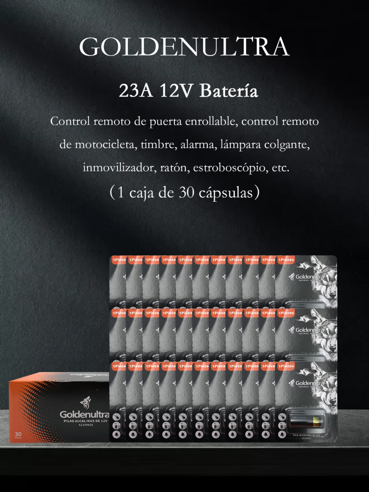 Goldenultra Baterías/Pilas Alcalinas 23A (23 A) 12 V, Paquete de 30 Pilas alcalinas, Ideales para Timbres, Llaveros, Cámaras, Alarmas