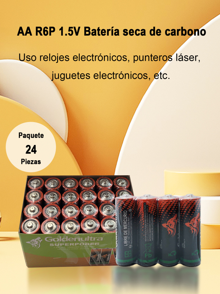 Goldenultra Batería/Pila AA, Carbon, 1.5V, Paquete 24 piezas, Para Aparatos, Controles, Lámparas, Juguetes, Alto rendimiento