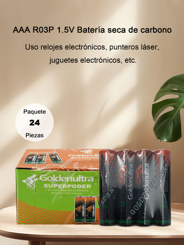 Goldenultra Batería/Pila AAA, Carbon, 1.5V, Paquete 24 piezas, Para Aparatos, Controles, Lámparas, Juguetes, Alto rendimiento