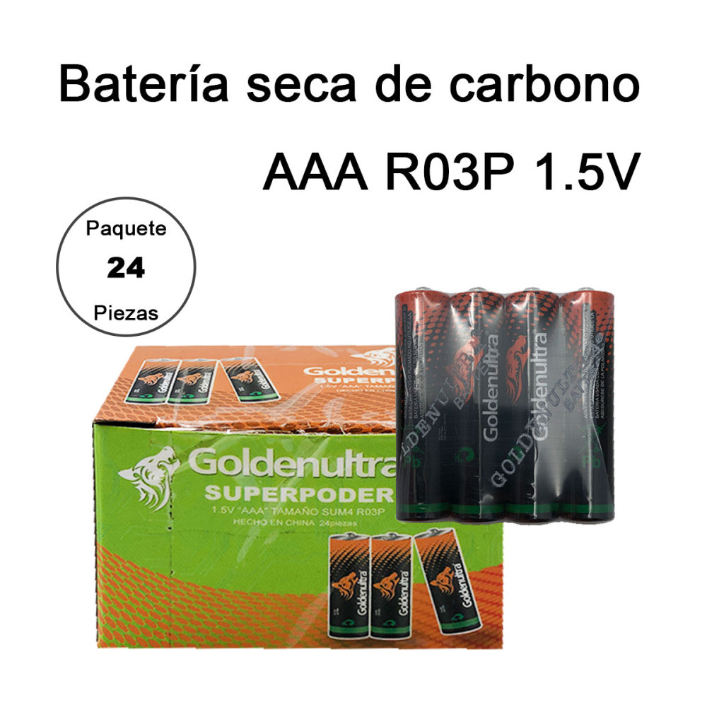 Goldenultra Batería/Pila AAA, Carbon, 1.5V, Paquete 24 piezas, Para Aparatos, Controles, Lámparas, Juguetes, Alto rendimiento