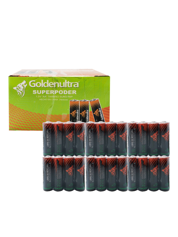 Goldenultra Batería/Pila AA, Carbon, 1.5V, Paquete 24 piezas, Para Aparatos, Controles, Lámparas, Juguetes, Alto rendimiento