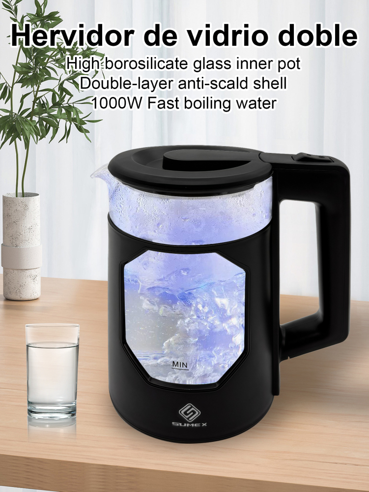 Tetera Eléctrica Hervidor jarra De Vidrio 2 Lt Acero Inox 1000W SU-J011