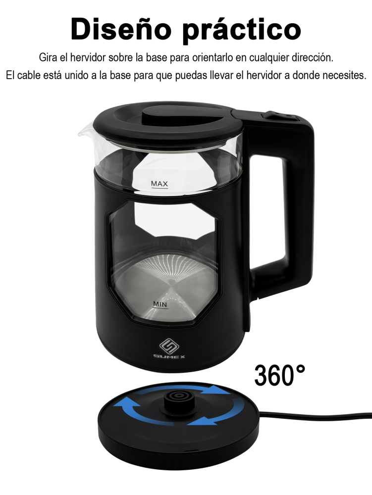 Tetera Eléctrica Hervidor jarra De Vidrio 2 Lt Acero Inox 1000W SU-J011