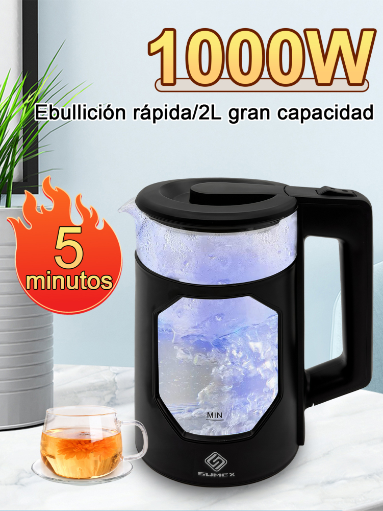 Tetera Eléctrica Hervidor jarra De Vidrio 2 Lt Acero Inox 1000W SU-J011
