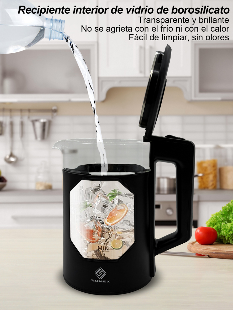 Tetera Eléctrica Hervidor jarra De Vidrio 2 Lt Acero Inox 1000W SU-J011
