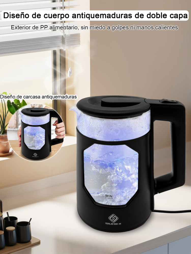 Tetera Eléctrica Hervidor jarra De Vidrio 2 Lt Acero Inox 1000W SU-J011