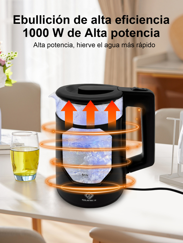 Tetera Eléctrica Hervidor jarra De Vidrio 2 Lt Acero Inox 1000W SU-J011