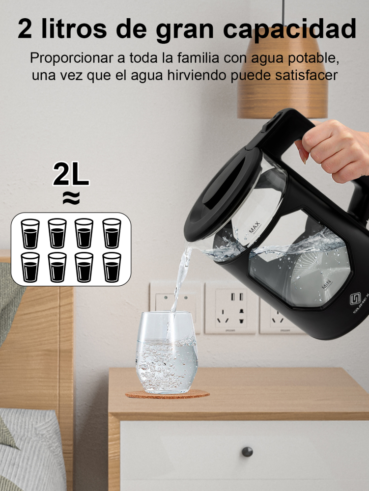 Tetera Eléctrica Hervidor jarra De Vidrio 2 Lt Acero Inox 1000W SU-J011