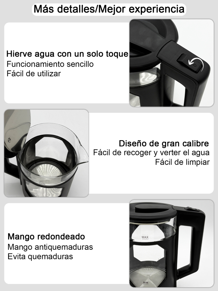 Tetera Eléctrica Hervidor jarra De Vidrio 2 Lt Acero Inox 1000W SU-J011