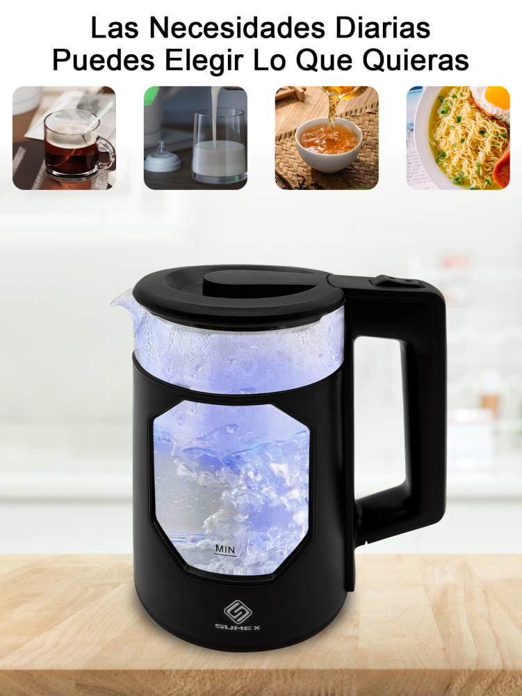 Tetera Eléctrica Hervidor jarra De Vidrio 2 Lt Acero Inox 1000W SU-J011