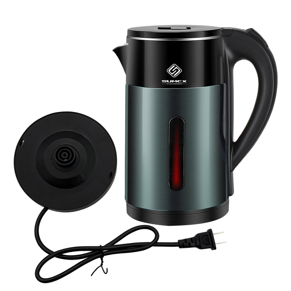 Hervidor eléctrico 1000W, Tetera 2L de gran capacidad, con diseño de doble capa antiquemaduras, luz LED indicadora, apagado automático y protección contra ebullición en seco