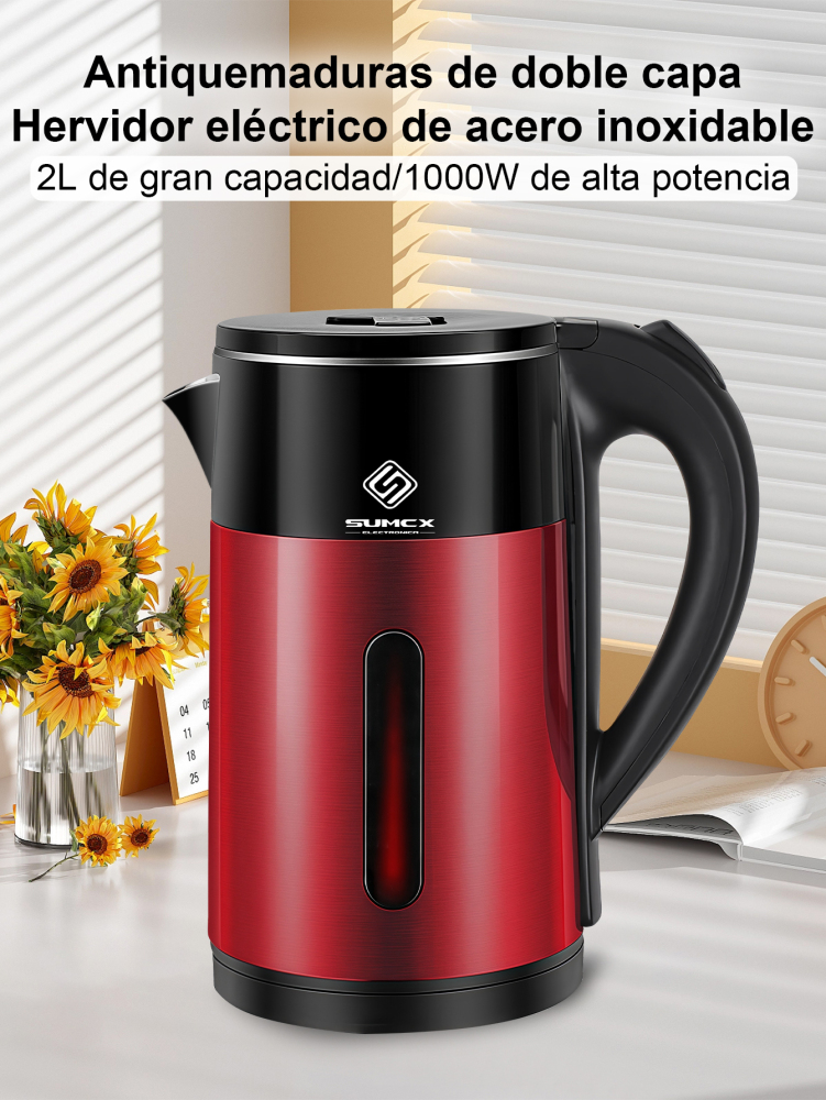 Hervidor eléctrico 1000W, Tetera 2L de gran capacidad, con diseño de doble capa antiquemaduras, luz LED indicadora, apagado automático y protección contra ebullición en seco
