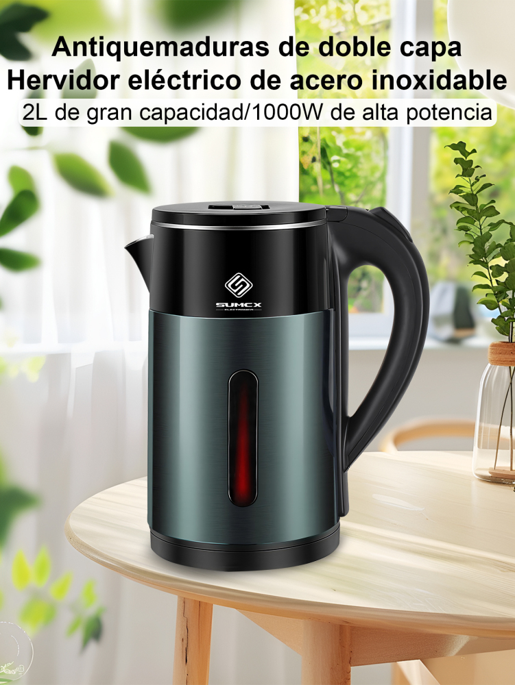 Hervidor eléctrico 1000W, Tetera 2L de gran capacidad, con diseño de doble capa antiquemaduras, luz LED indicadora, apagado automático y protección contra ebullición en seco