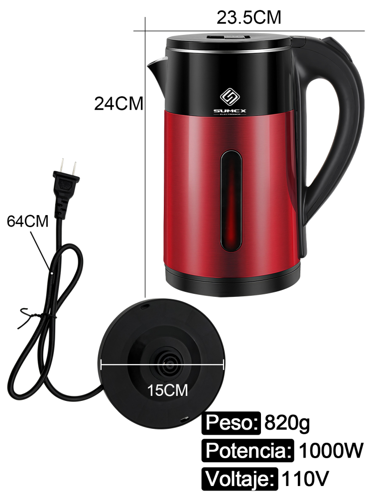 Hervidor eléctrico 1000W, Tetera 2L de gran capacidad, con diseño de doble capa antiquemaduras, luz LED indicadora, apagado automático y protección contra ebullición en seco