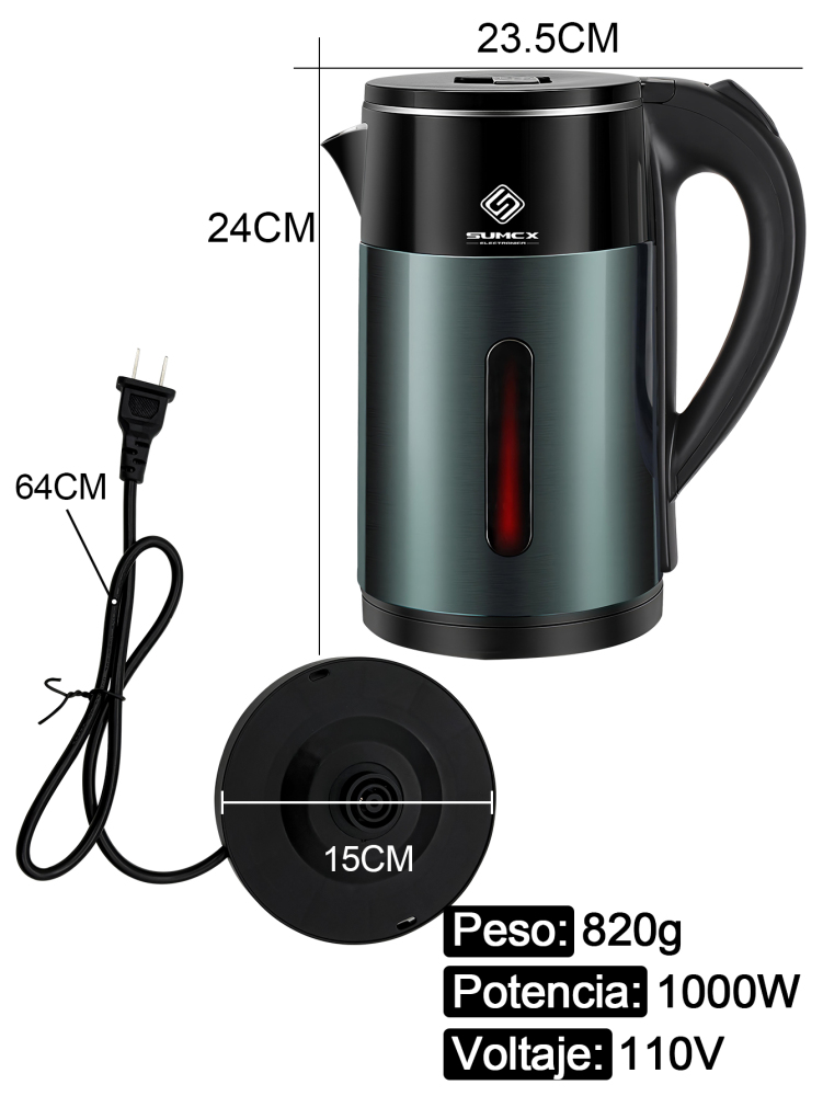 Hervidor eléctrico 1000W, Tetera 2L de gran capacidad, con diseño de doble capa antiquemaduras, luz LED indicadora, apagado automático y protección contra ebullición en seco