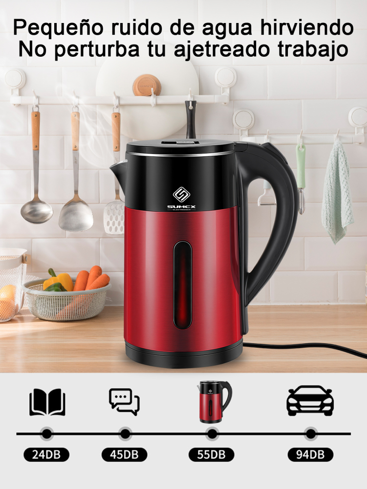 Hervidor eléctrico 1000W, Tetera 2L de gran capacidad, con diseño de doble capa antiquemaduras, luz LED indicadora, apagado automático y protección contra ebullición en seco