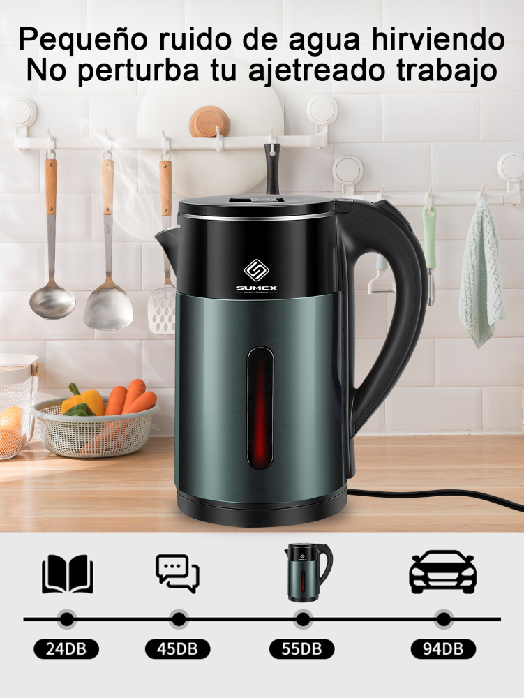 Hervidor eléctrico 1000W, Tetera 2L de gran capacidad, con diseño de doble capa antiquemaduras, luz LED indicadora, apagado automático y protección contra ebullición en seco