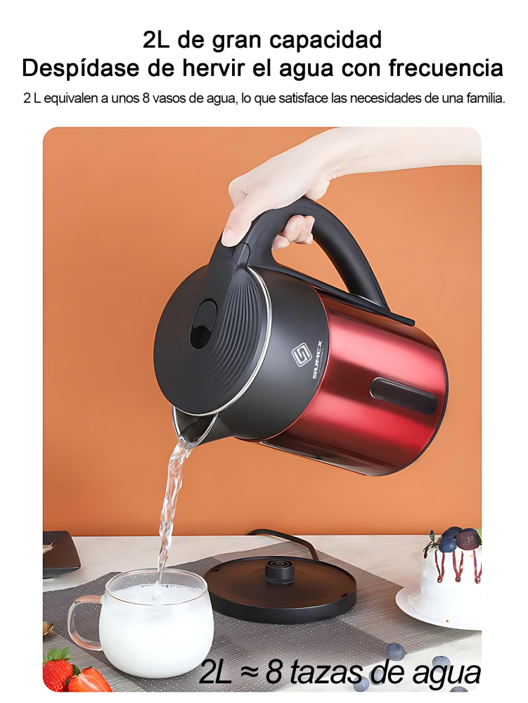 Hervidor eléctrico 1000W, Tetera 2L de gran capacidad, con diseño de doble capa antiquemaduras, luz LED indicadora, apagado automático y protección contra ebullición en seco