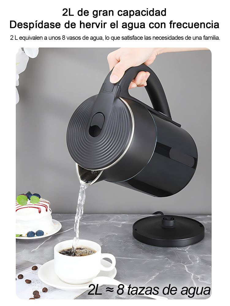 Hervidor eléctrico 1000W, Tetera 2L de gran capacidad, con diseño de doble capa antiquemaduras, luz LED indicadora, apagado automático y protección contra ebullición en seco