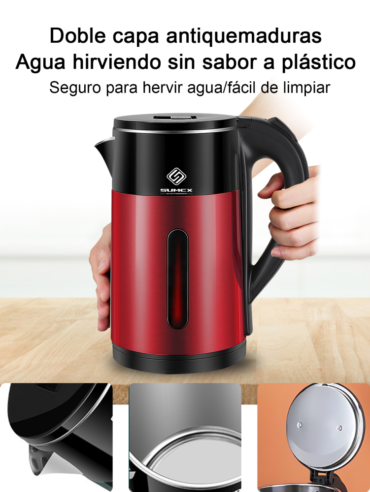 Hervidor eléctrico 1000W, Tetera 2L de gran capacidad, con diseño de doble capa antiquemaduras, luz LED indicadora, apagado automático y protección contra ebullición en seco