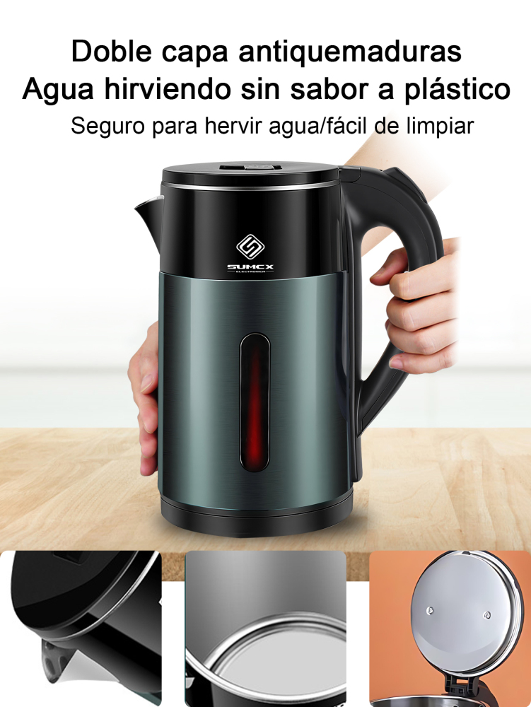 Hervidor eléctrico 1000W, Tetera 2L de gran capacidad, con diseño de doble capa antiquemaduras, luz LED indicadora, apagado automático y protección contra ebullición en seco