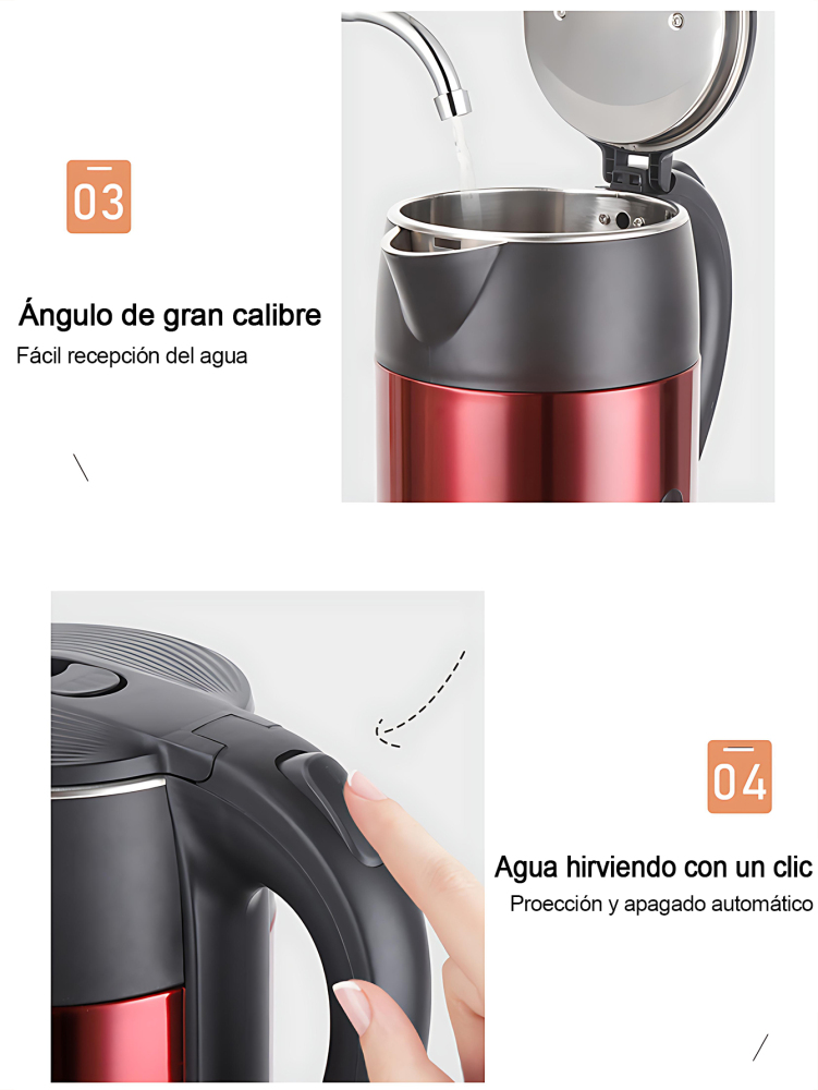 Hervidor eléctrico 1000W, Tetera 2L de gran capacidad, con diseño de doble capa antiquemaduras, luz LED indicadora, apagado automático y protección contra ebullición en seco