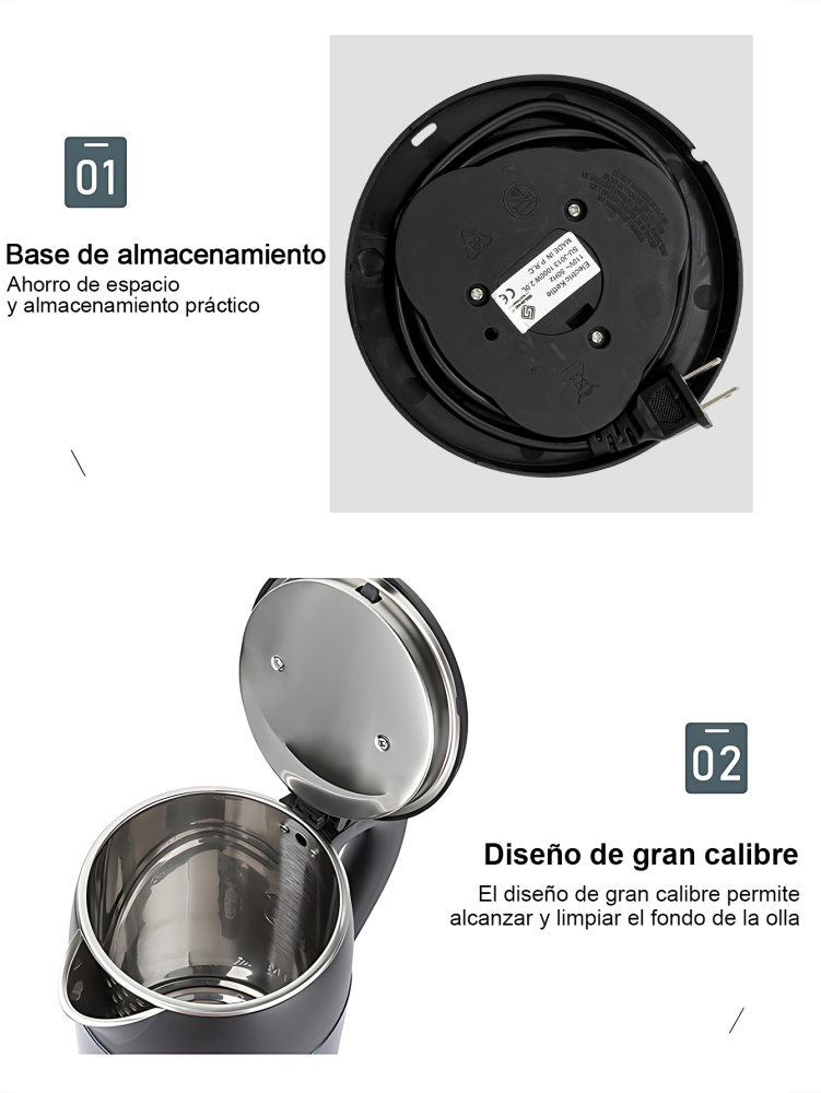 Hervidor eléctrico 1000W, Tetera 2L de gran capacidad, con diseño de doble capa antiquemaduras, luz LED indicadora, apagado automático y protección contra ebullición en seco