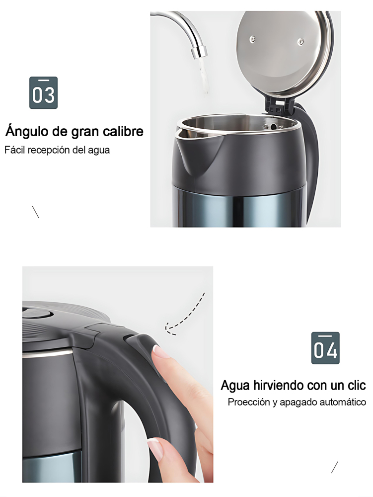 Hervidor eléctrico 1000W, Tetera 2L de gran capacidad, con diseño de doble capa antiquemaduras, luz LED indicadora, apagado automático y protección contra ebullición en seco