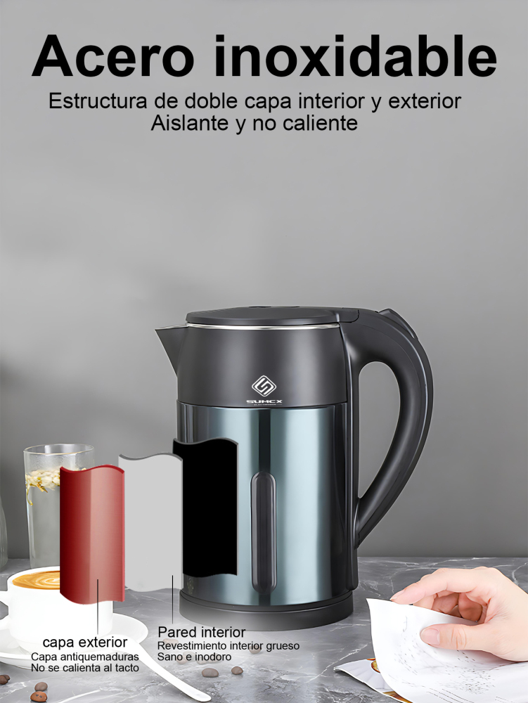 Hervidor eléctrico 1000W, Tetera 2L de gran capacidad, con diseño de doble capa antiquemaduras, luz LED indicadora, apagado automático y protección contra ebullición en seco