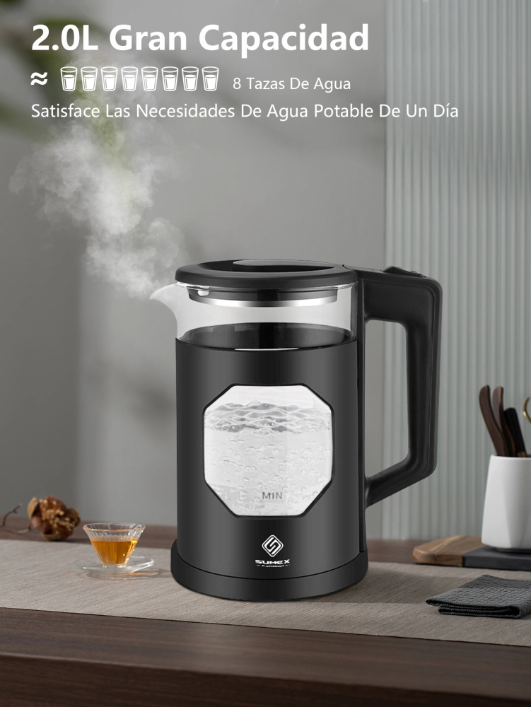 Hervidor electrico, Tetera Eléctrica Hervidor jarra De Vidrio 2 Lt Acero Inox 1000W SU-J011