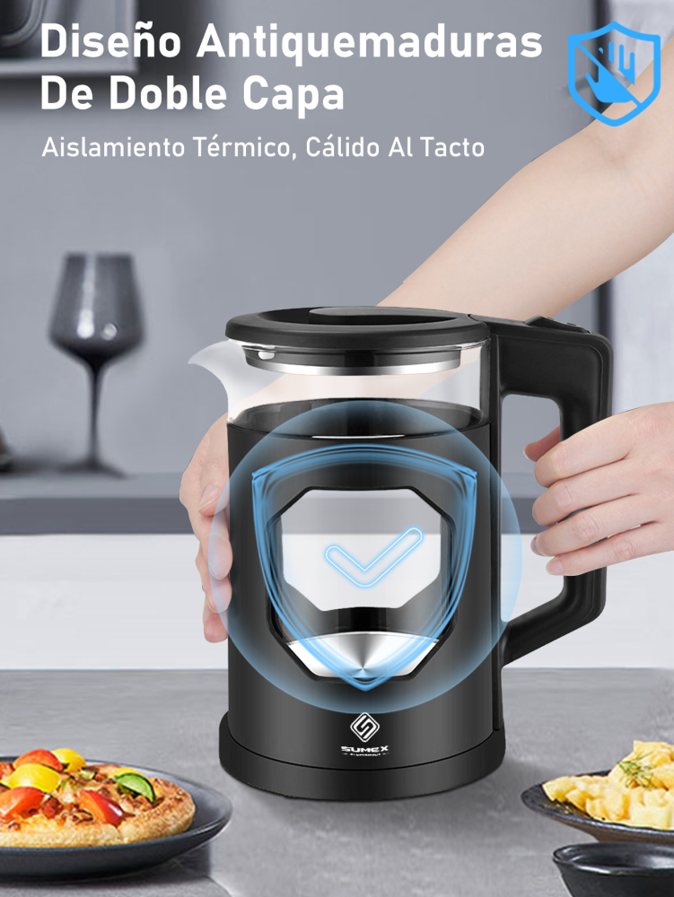 Hervidor electrico, Tetera Eléctrica Hervidor jarra De Vidrio 2 Lt Acero Inox 1000W SU-J011